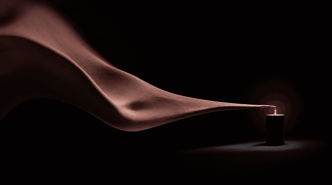An abstract elongated ribbon of skin-toned sculptural material stretching across a vast black studio toward a small illu