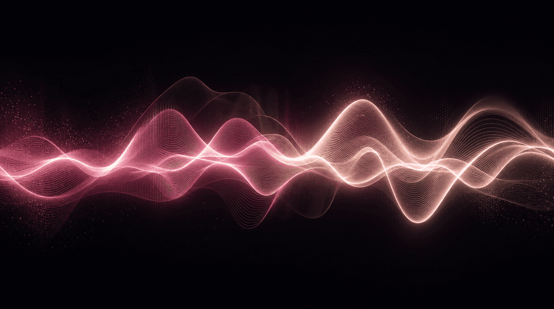 Abstract visualization of flowing speech waveforms rendered as luminous curved lines against a near-black (#0A0A0F) back