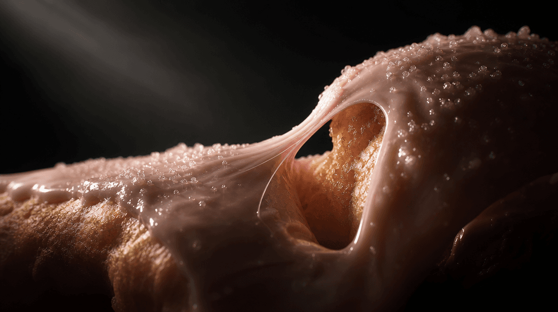 An abstract macro landscape of glossy donut icing stretching over soft golden pastry, fine sugar crystals catching a nar