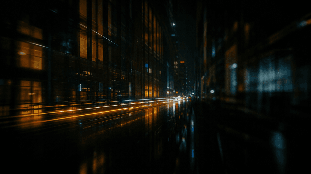 Abstract cinematic 16:9 image representing Sora 2 video realism: fine motion-blur light streaks through a dark urban can