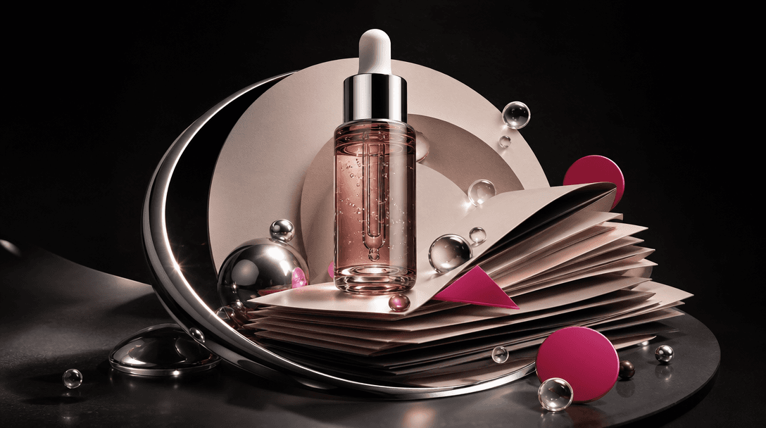 An abstract beauty still life visualizing immediate product benefits: a glass serum bottle surrounded by layered paper t