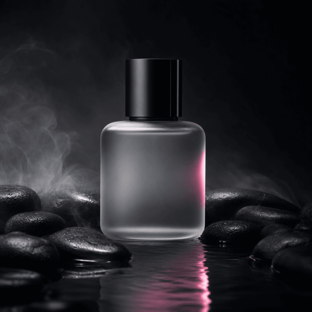 A frosted glass fragrance bottle resting among smooth black river stones with a thin veil of mist and one precise pink r