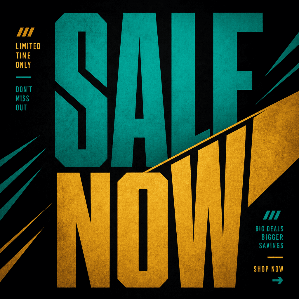 Bold poster with 'SALE NOW' in condensed geometric typeface, teal and gold color split design, dark editorial background