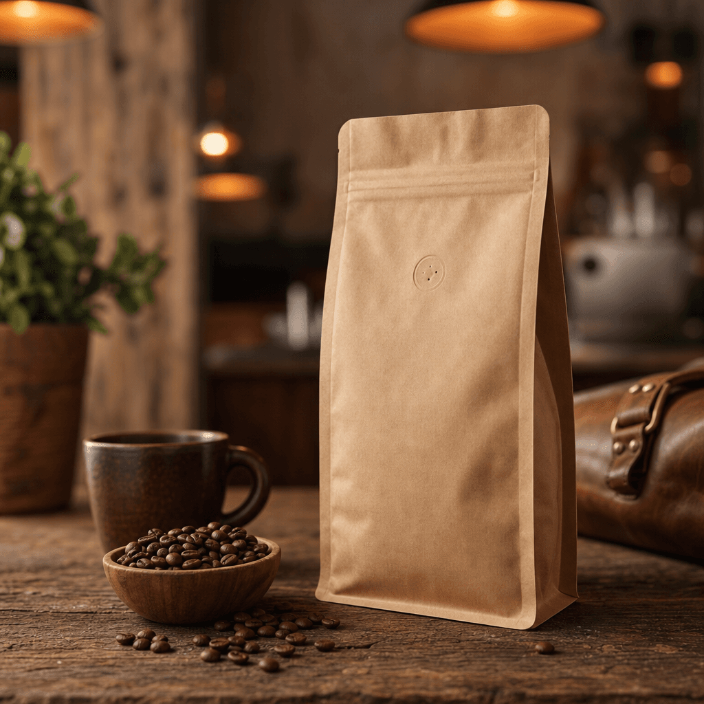 A premium kraft coffee bag product placed on a reclaimed wood surface, warm amber bokeh from soft café pendant lighting 