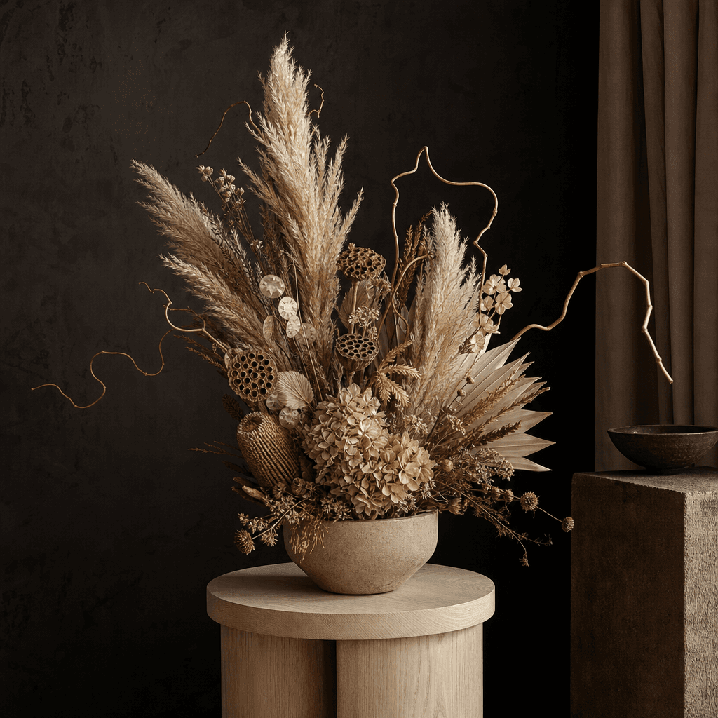 A restrained dried-flower arrangement with pampas grass, seed pods, beige hydrangea, and twisted branches displayed on a