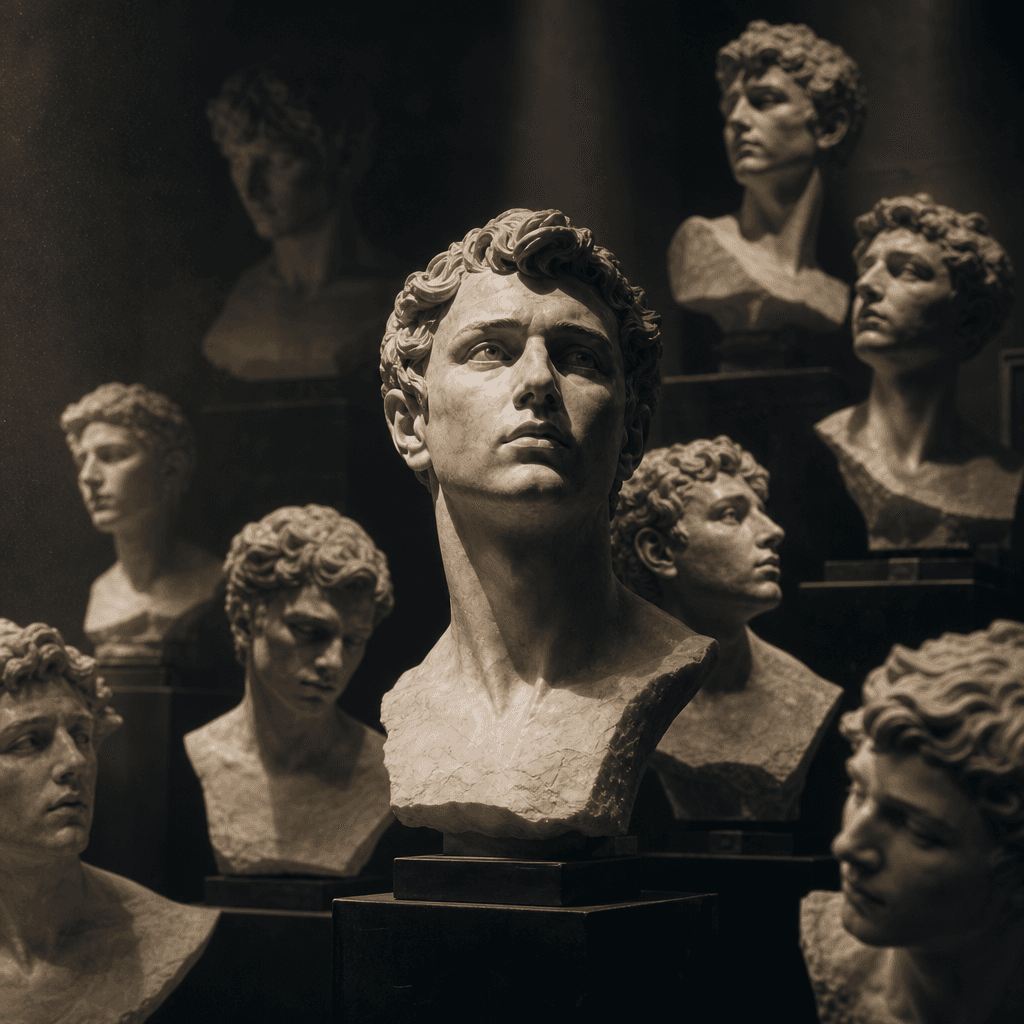 A close portrait of an anonymous creative professional represented by many marble busts arranged like an archival collec