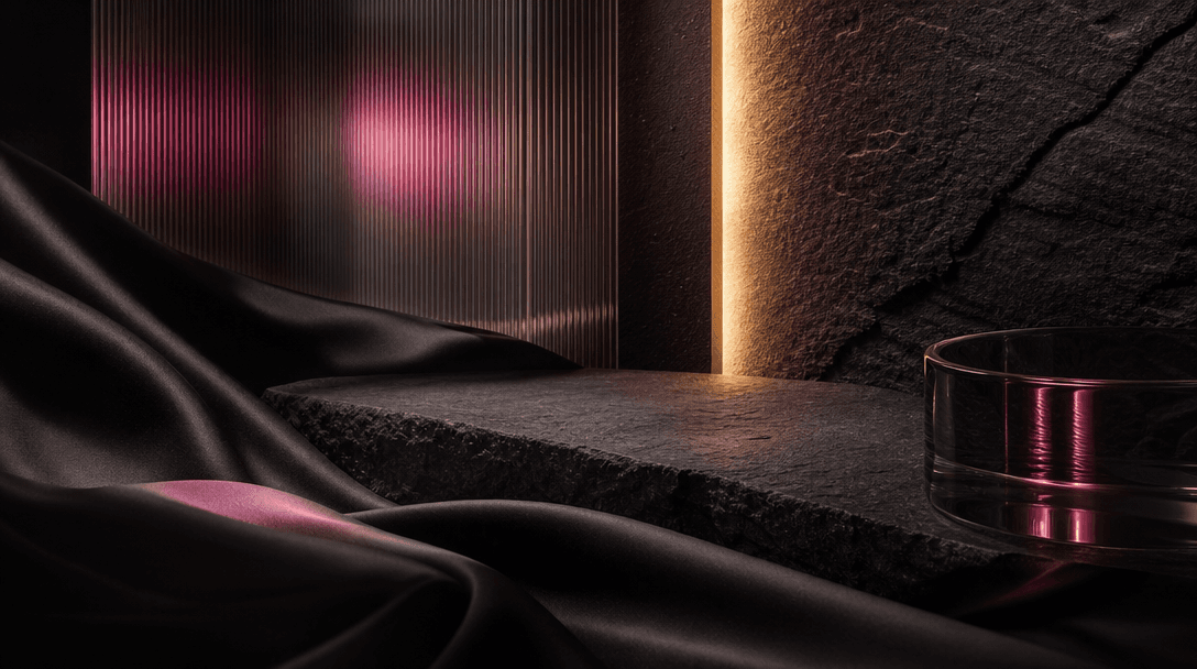 Layered charcoal silk, brushed stone, translucent glass, and a narrow ribbon of warm light arranged as an elegant abstra