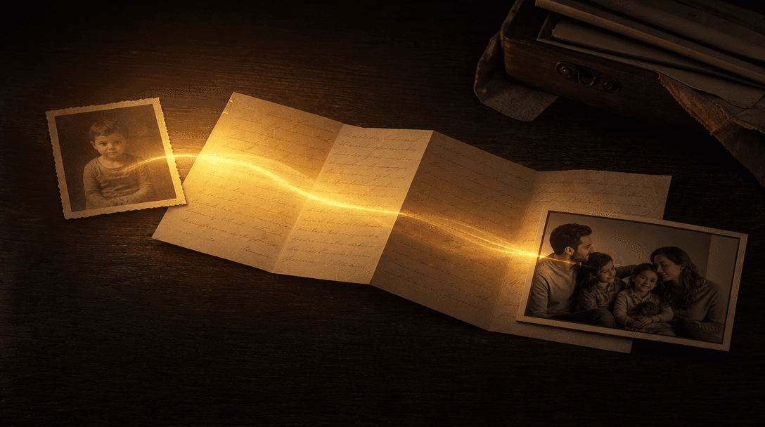 A handwritten letter unfolding across a dark wooden surface as warm light travels from an old childhood photograph towar