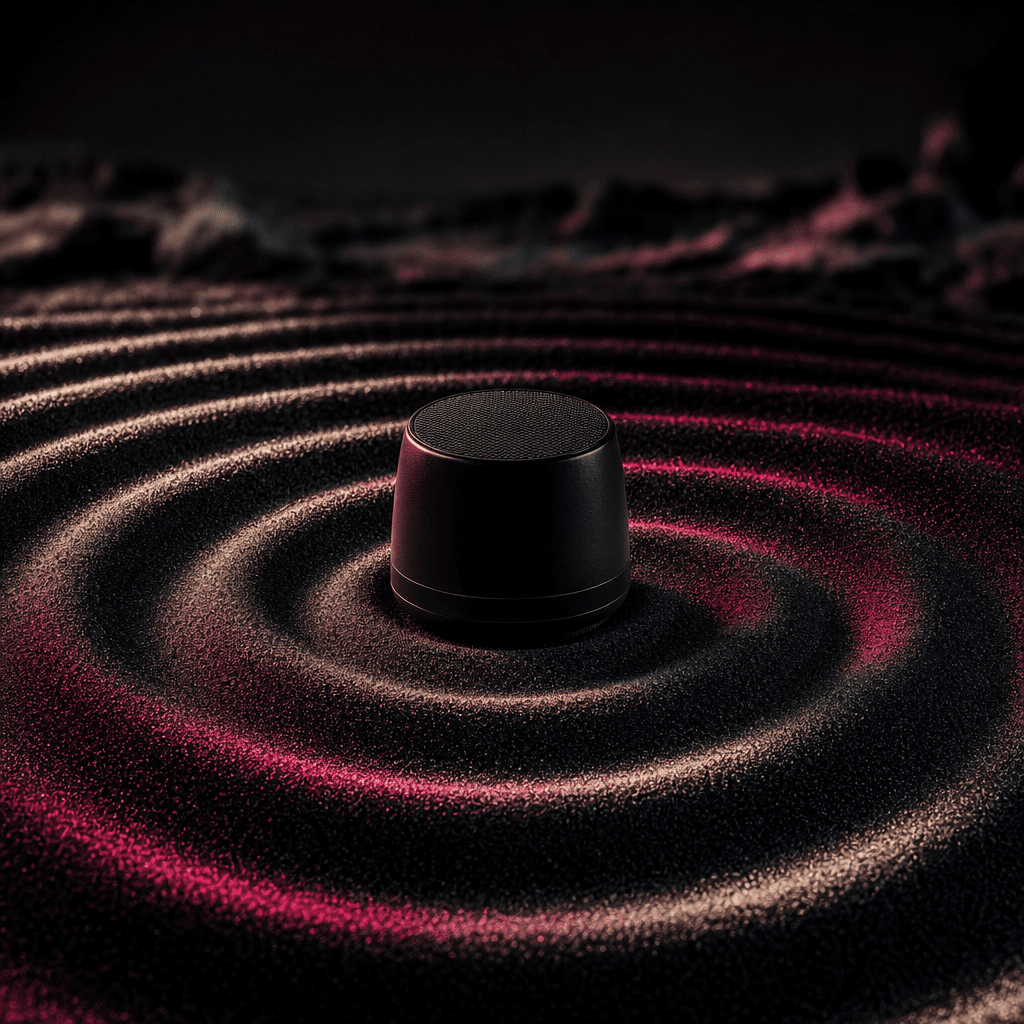 A compact wireless speaker causing concentric waves through a field of black sand, each wave catching soft off-white and