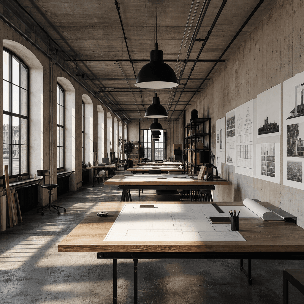 Contemporary architect's studio interior with exposed concrete ceiling, matte black industrial pendant lamps, wide woode