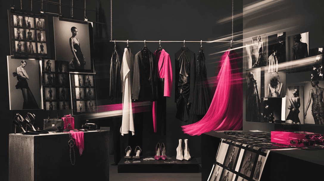 A fashion production scene expressed abstractly through suspended garments, neatly aligned accessories, moving light str