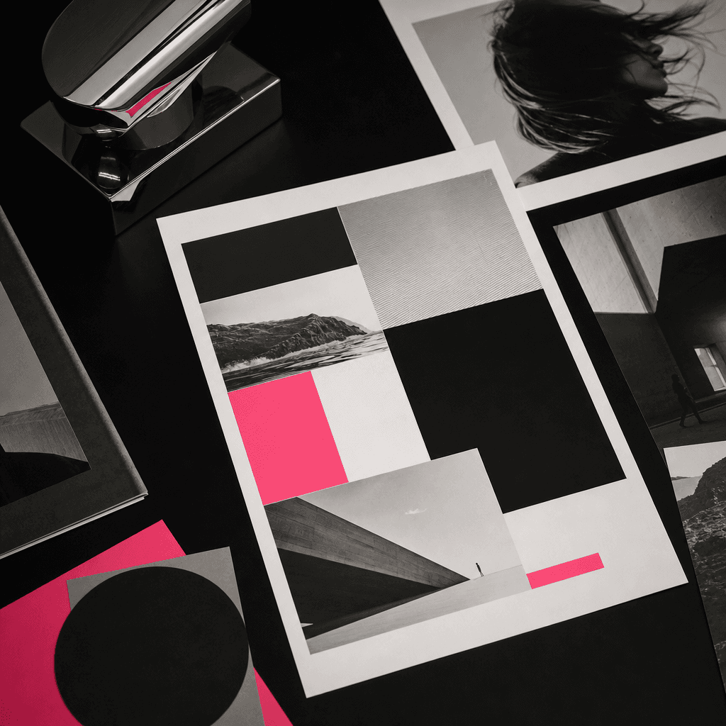 A creative agency one-pager displayed among monochrome image proofs, geometric cut paper and a polished chrome object, d