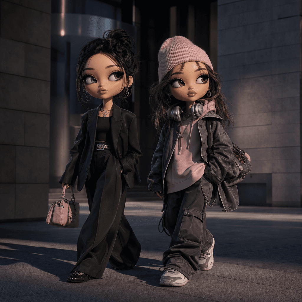 Two coordinated big-head fashion characters walking through a clean urban plaza, one in monochrome tailoring and one in 
