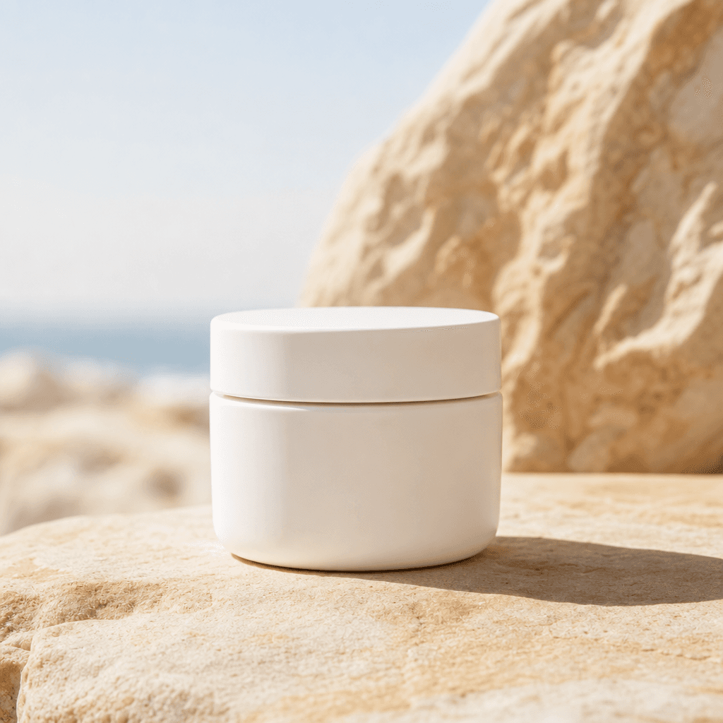 Minimalist white ceramic cream jar on a smooth sun-warmed sandstone slab, bright clean natural light from above, subtle 
