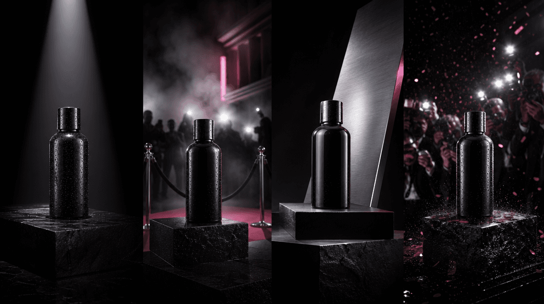Four distinct cinematic interpretations of one unbranded bottle arranged across connected black stone stages: minimal sp