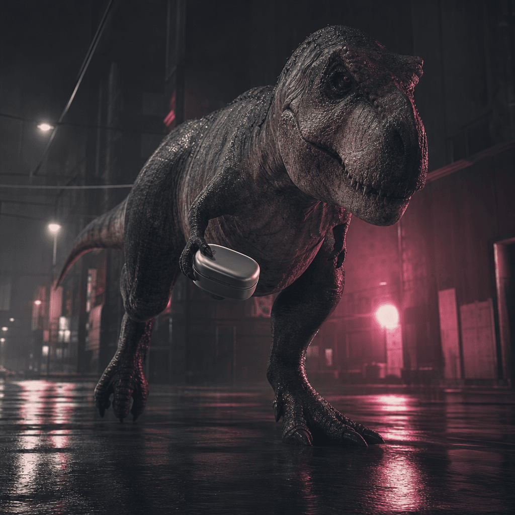 A massive tyrannosaurus carrying a compact silver headphone case through a rain-soaked city street at night, wet asphalt