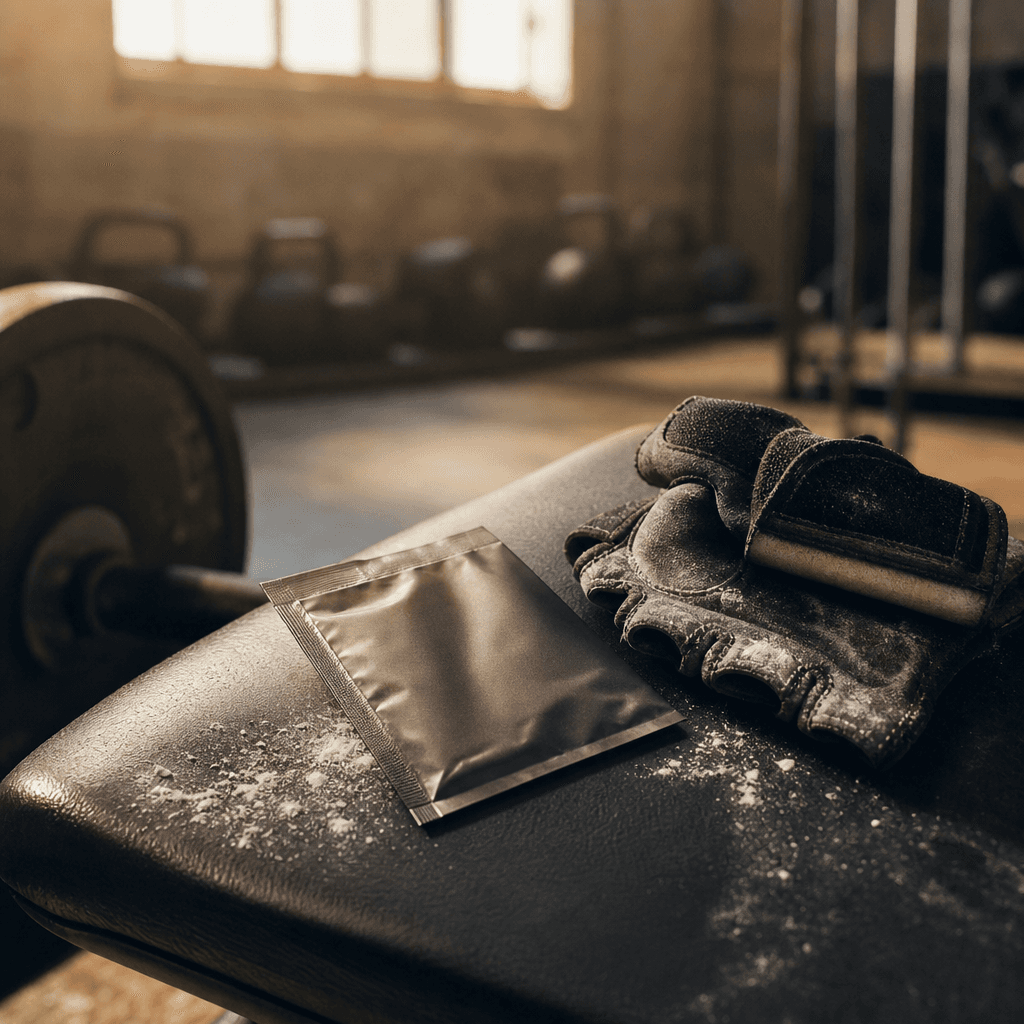 Lifestyle editorial of a pre-workout supplement sachet resting on a gym bench beside athletic grip gloves and chalk dust