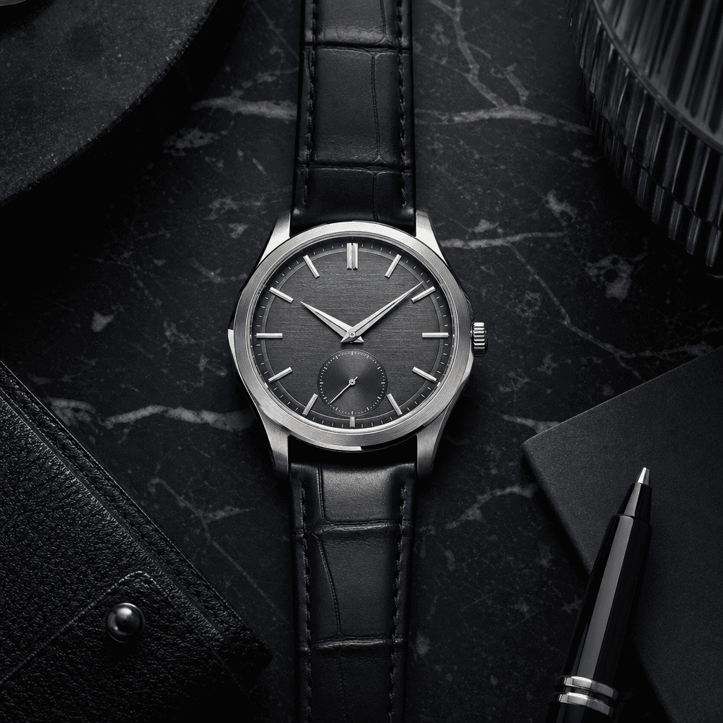 Luxury Swiss mechanical watch flat lay on dark marble slab, top-down editorial composition, cool directional light revea