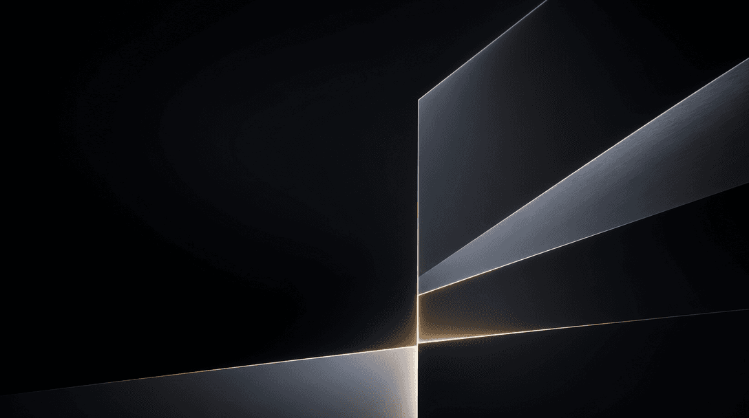 Abstract light geometry—clean lines and planes catching rim lighting in darkness. Minimalist corporate visual language, 