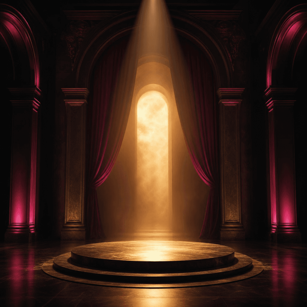 Event announcement artwork represented by a dark architectural stage, luminous doorway, velvet curtains, and a focused w