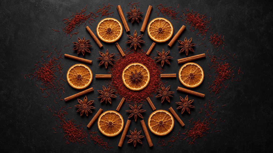 Abstract overhead studio shot of color-matched botanical props — dried orange wheel slices, cinnamon sticks, whole star 