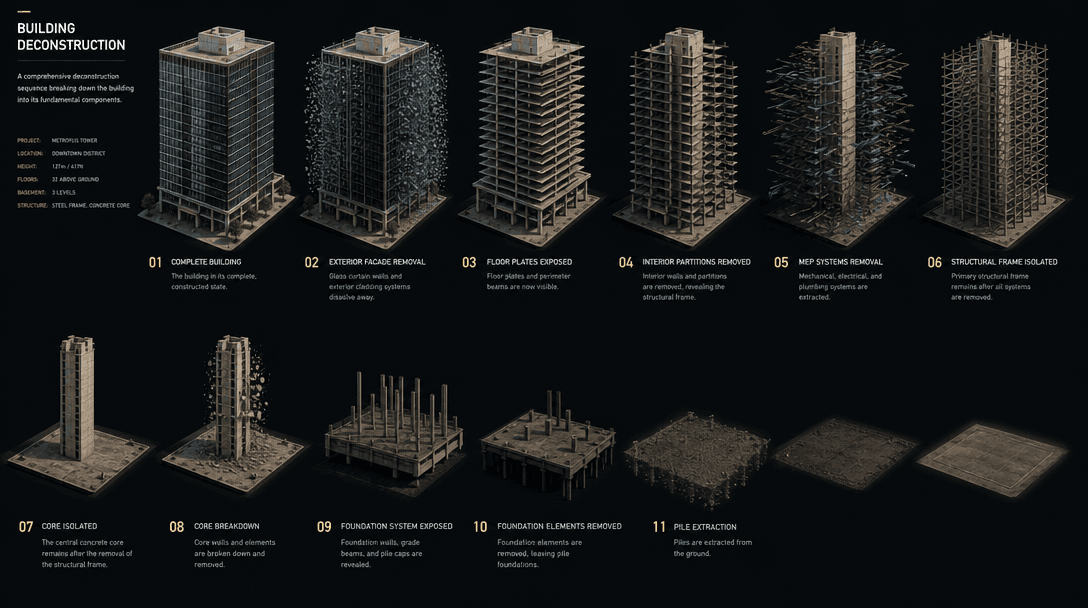 Full building deconstruction sequence, layers peeling away, smooth physics-based animation, dark professional background