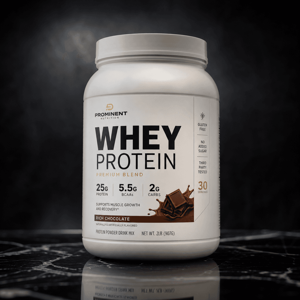 Premium white protein powder tub on a polished obsidian surface, studio three-point lighting, subtle reflections beneath