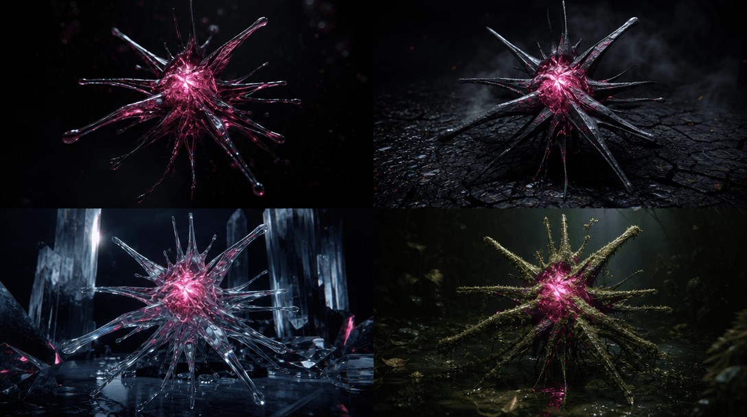 A collection of four coordinated conceptual images emerging from one central glowing form, each variation changing color