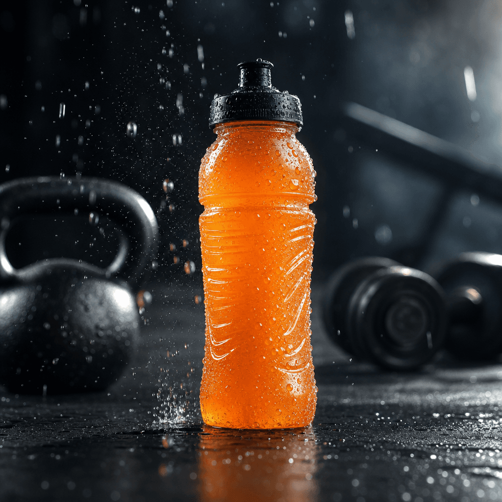 Athletic performance drink bottle with condensation droplets on a dark gym floor surface, motion-blur water droplets mid