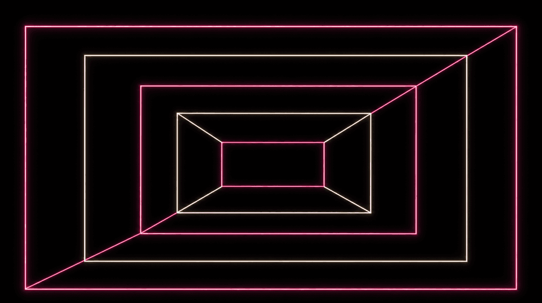 Abstract geometric composition: glowing rectangular frames in hot pink and soft off-white arranged at precise angles sug