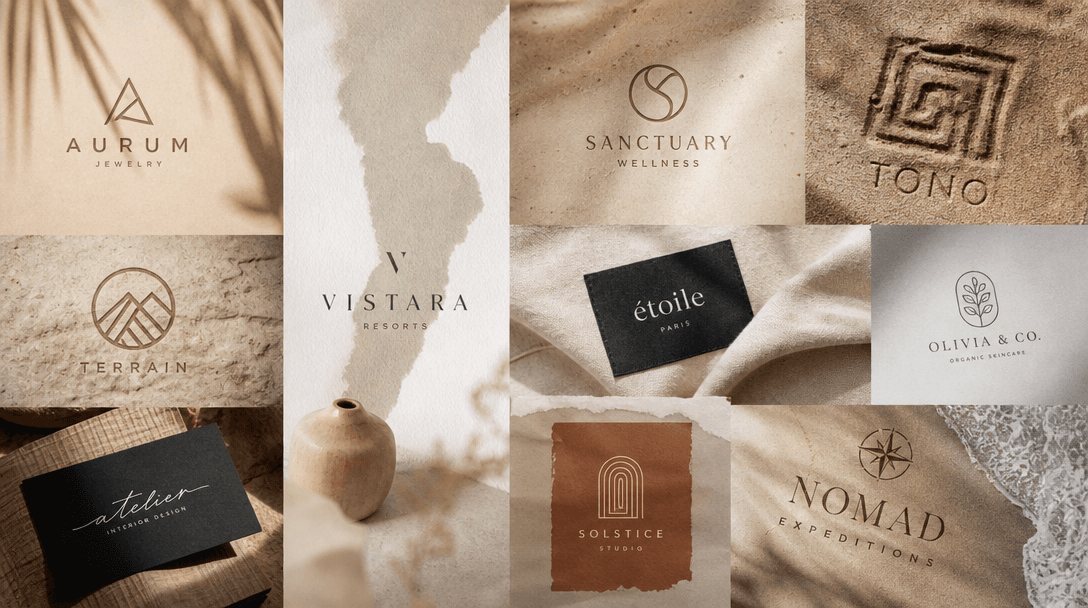 Collage-style artistic scene showing diverse logos—geometric, script, emblem styles—subtly integrated into soft textures