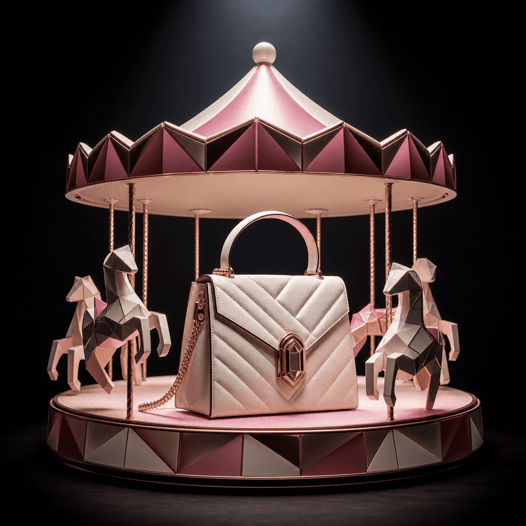 A designer handbag presented on a miniature carousel-inspired platform with elegant geometric horses abstracted into pol