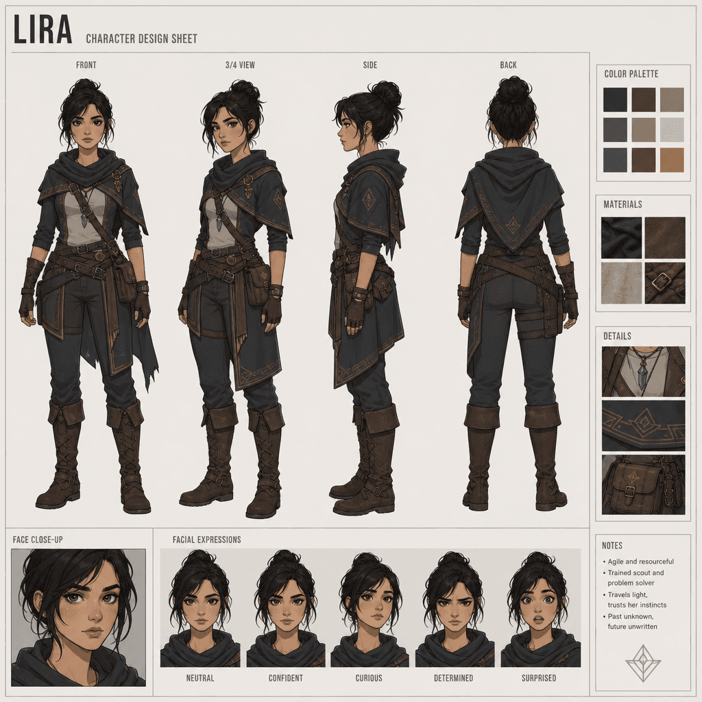 Character design sheet with four distinct angles of same character. Clean professional layout, consistent face and desig