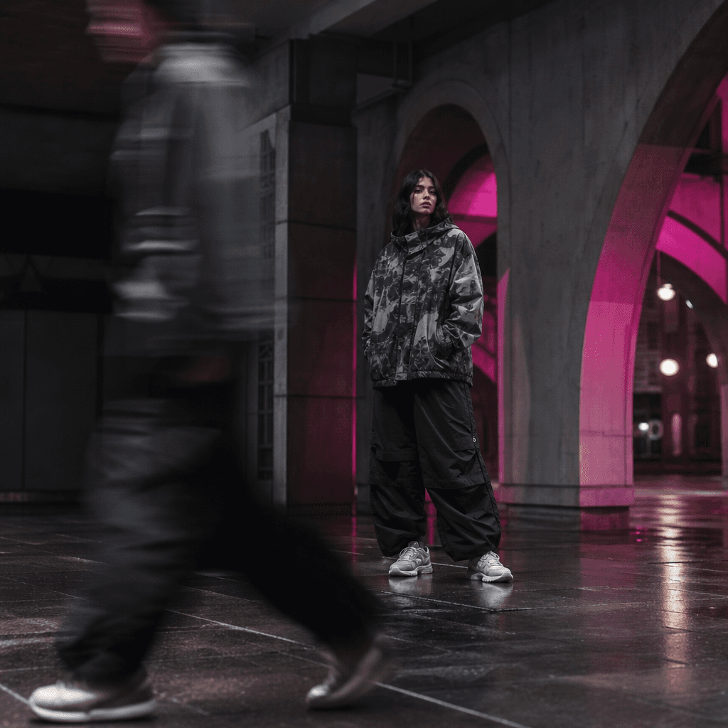 Streetwear look in a dark concrete arcade, foreground pedestrian rendered as elegant lateral motion blur, model sharply 