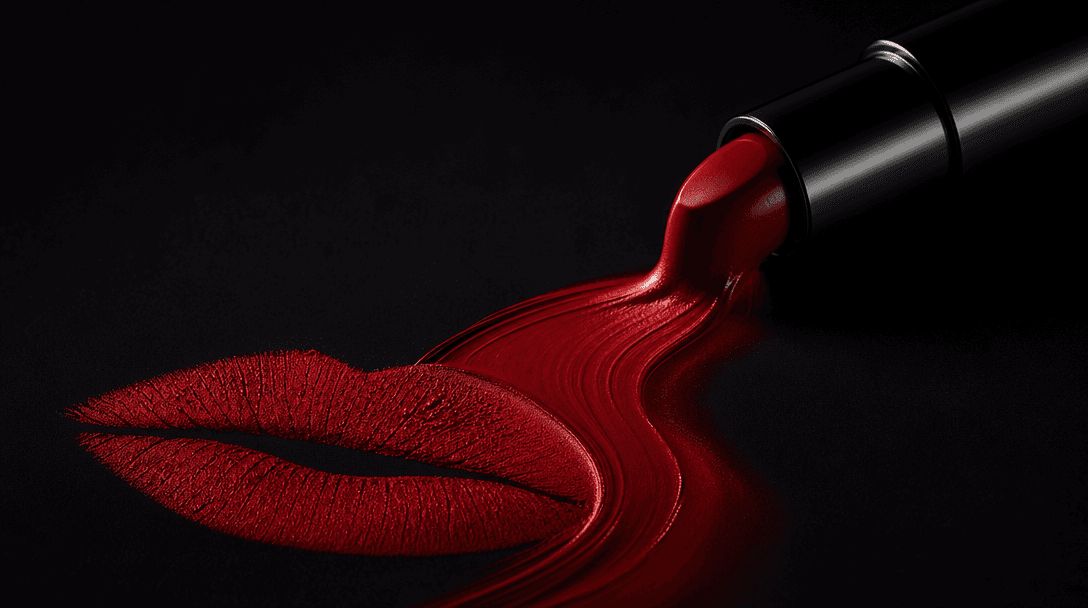 Abstract cinematic still life showing a ribbon of concentrated crimson cosmetic pigment flowing from a sleek unbranded l