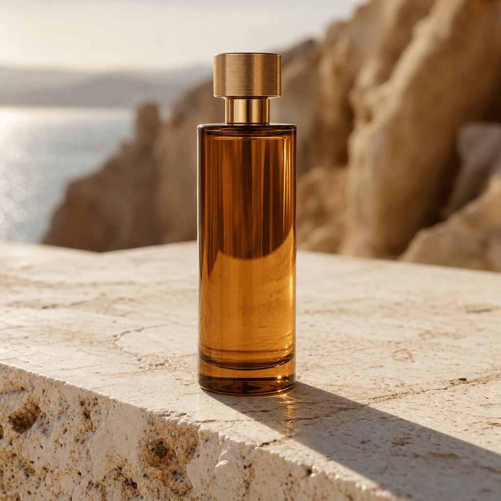 Tall cylindrical amber glass perfume bottle on a sunlit white granite slab, warm diffuse coastal daylight, crisp natural