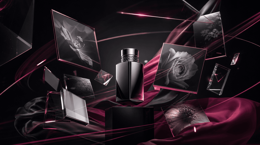 A hero product at the center of an expanding constellation of campaign materials: reflective metal, silk, glass, photogr