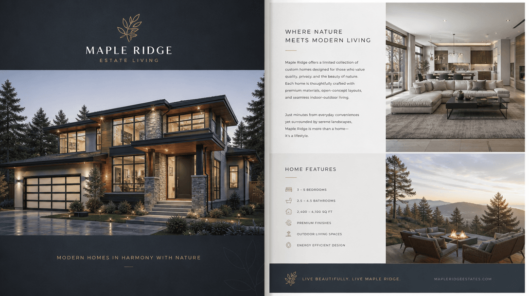 Real estate presentation context. Property visualization displayed on marketing materials, brochure spread implied, digi