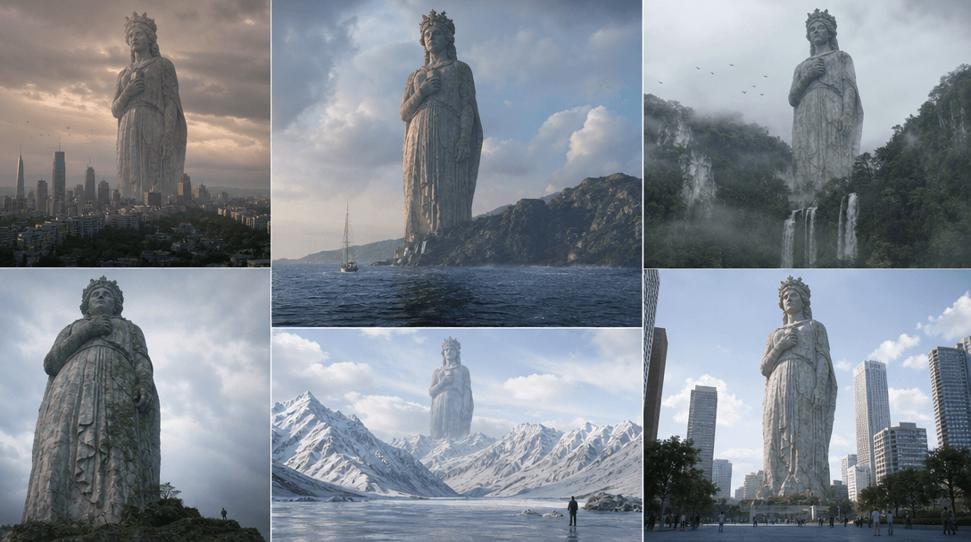 Giant statue placed in multiple different urban and natural environments showing scale perspective and environmental int