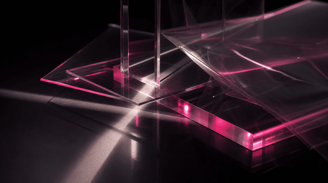 Layers of clear acrylic, glass, and transparent film creating deep refractions over a dark reflective surface. A narrow 