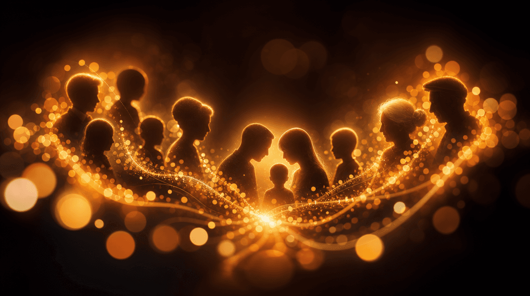 Abstract family growth theme: bokeh lights merging and separating, warm emotional color palette, generational connection