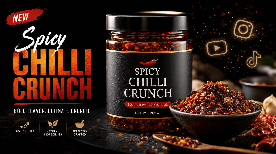 Professional video frame showing a food product video thumbnail with crisp sharp image quality, social media compatible 