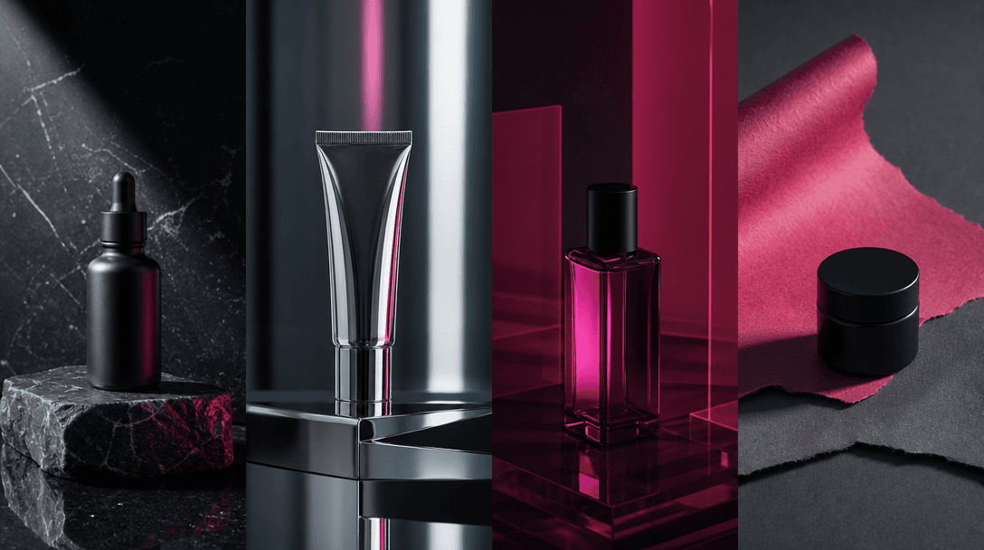Four distinct product-stage environments flowing across one wide cinematic composition: polished stone, brushed chrome, 