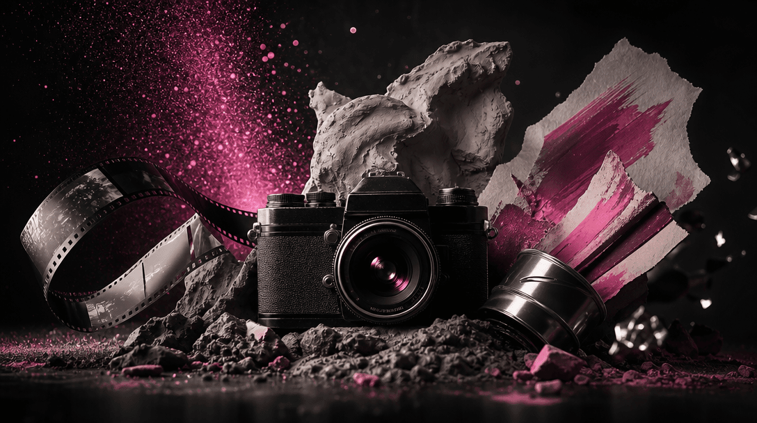 A wide cinematic studio composition featuring several distinct creative materials converging around one central subject: