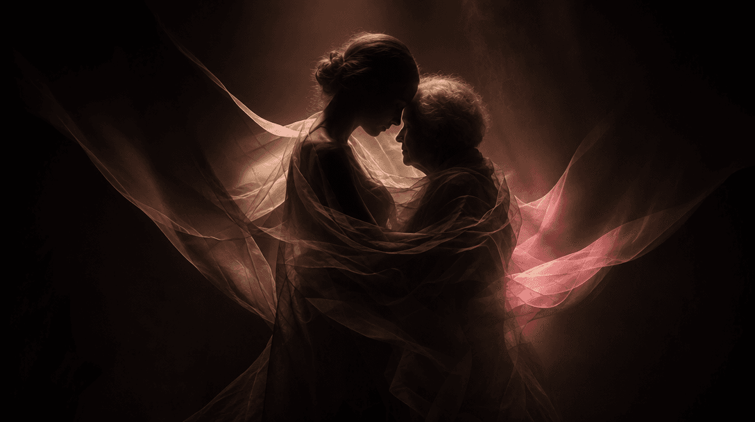Two human silhouettes of different ages converging into one embrace, created with layered fabric shadows and warm light 