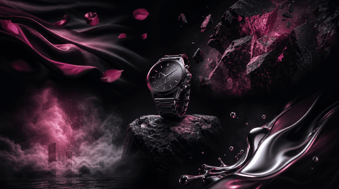 Several distinct cinematic material worlds converging around one product: polished metal, soft fabric, rough stone, drif