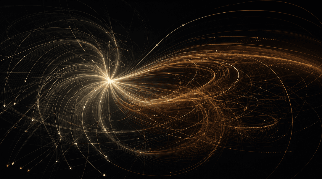 Abstract dark composition: layered translucent motion vectors and trajectory arcs flowing from a central luminous origin
