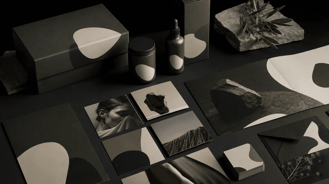 A cohesive campaign material spread containing product packaging, social-format cards, stationery, and presentation page