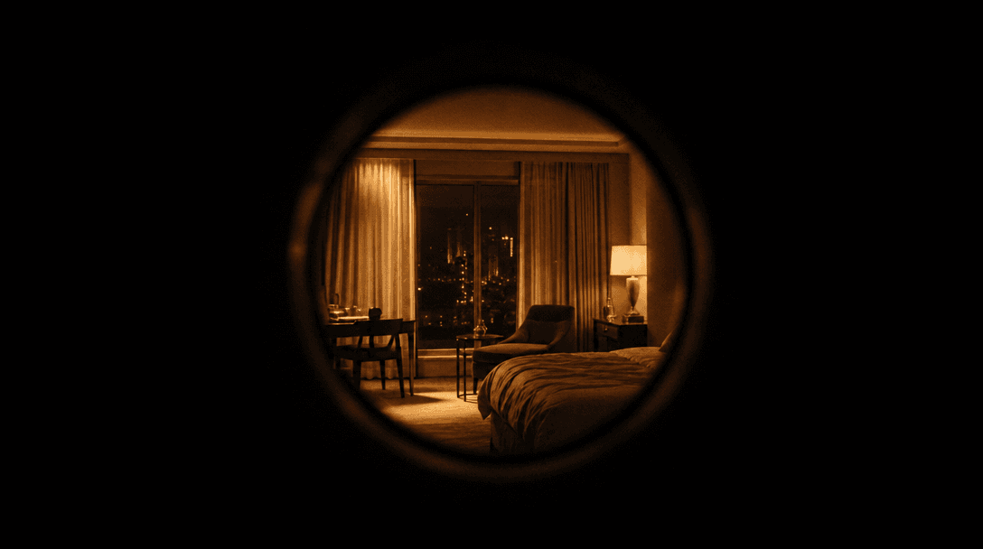 Abstract cinematic vignette aperture — a perfect circle of deep black surrounding a luminous warm hotel room interior, l