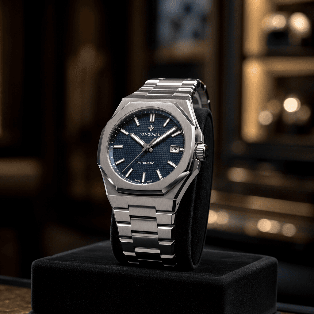 A stainless steel luxury watch displayed on a dark velvet stand. Studio lighting emphasizes the metal finish and crystal